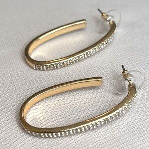 Beautiful Gold and Shiny Stone By Oblong Hoop Earrings.